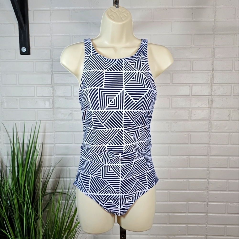 Cole Of California White Blue Geometric Patterned One Piece Swimsuit Size 8